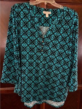 Dana Buchman Teal and Black Patterned Tunic Top